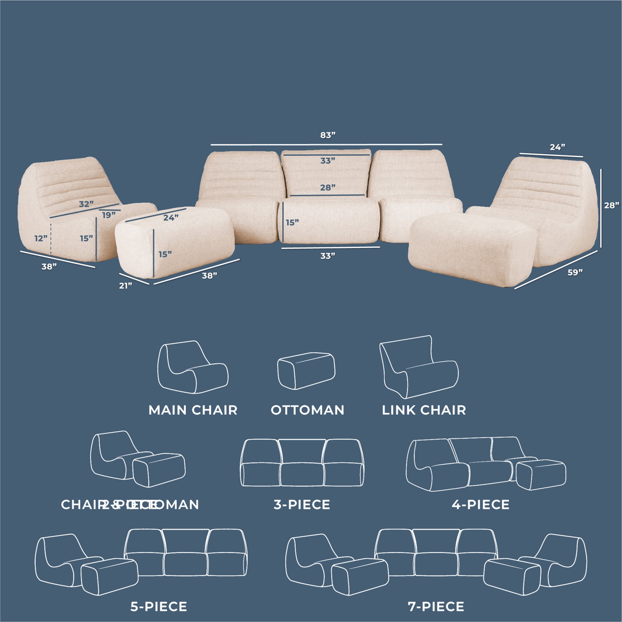 Big Joe Solvana Outdoor Sectional, 7 Piece Patio Furniture Set, Performance Linen Weather-Resistant Fabric Sofa, Sunlit Cream