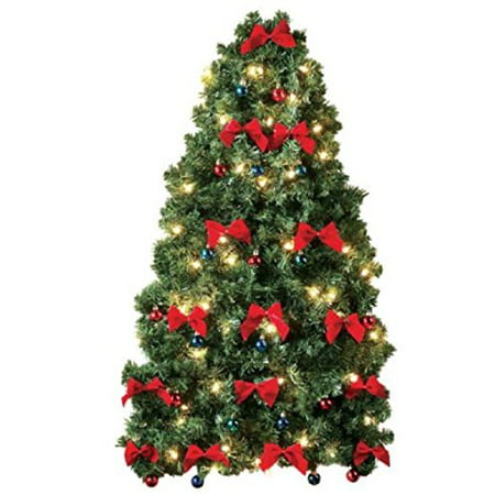 Small Prelit Christmas Tree for Wall Electric Corded White Lights, Colored Ornaments and Red ...