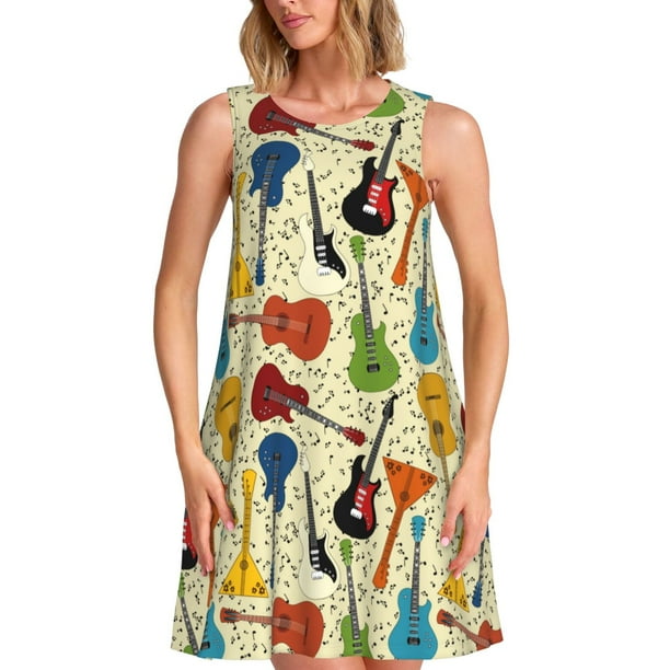Fotbe Different Kind Of Guitars Vestido de Verano sin Mangas para Mujer – Vestido Midi Línea A, Estilo Camiseta Floral, Vestido Playero Casual y Fluido