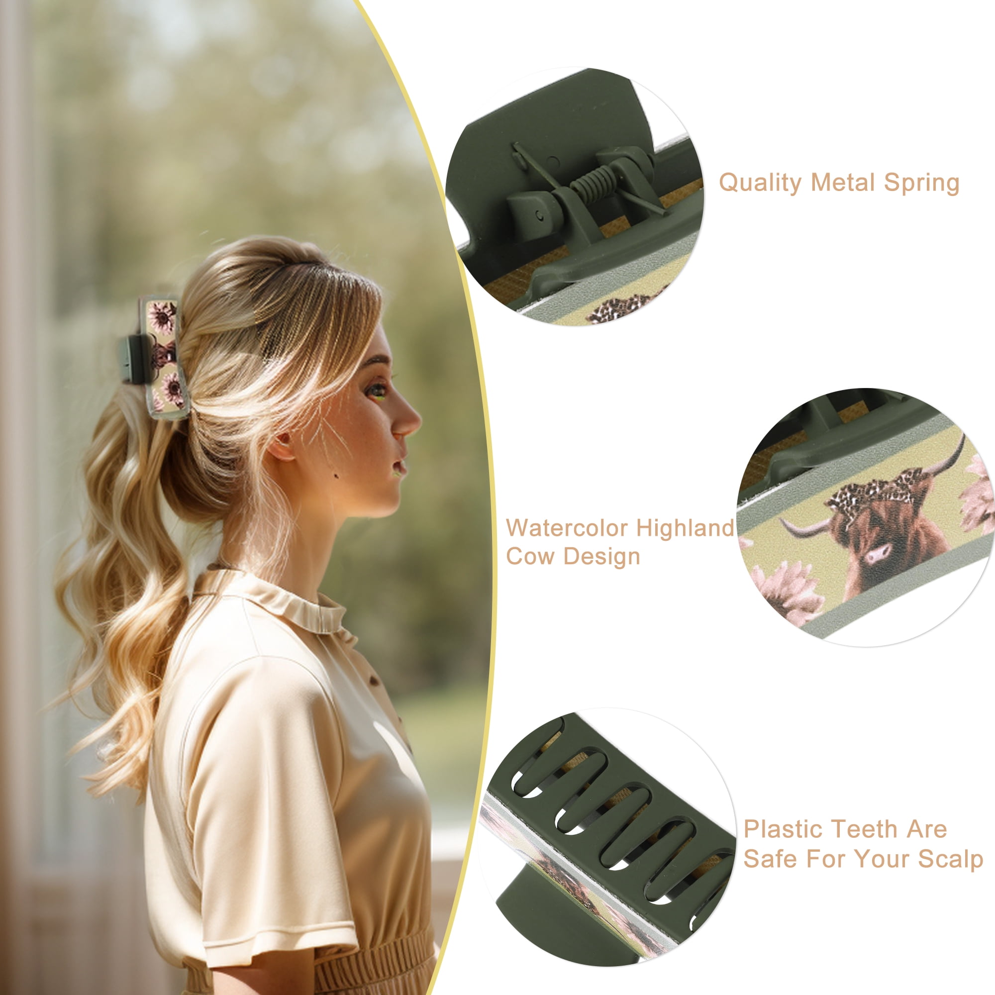 Unique Bargains Highland Cattle Hair Claw Clips, Matte Faux Leather Design Green