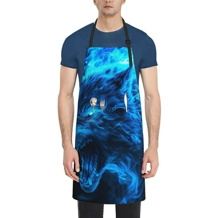 

Lukts Adjustable Apron with 2 Pockets Chef Cooking Kitchen Restaurant Aprons for Women Men-Ice Blue Fire Wolf