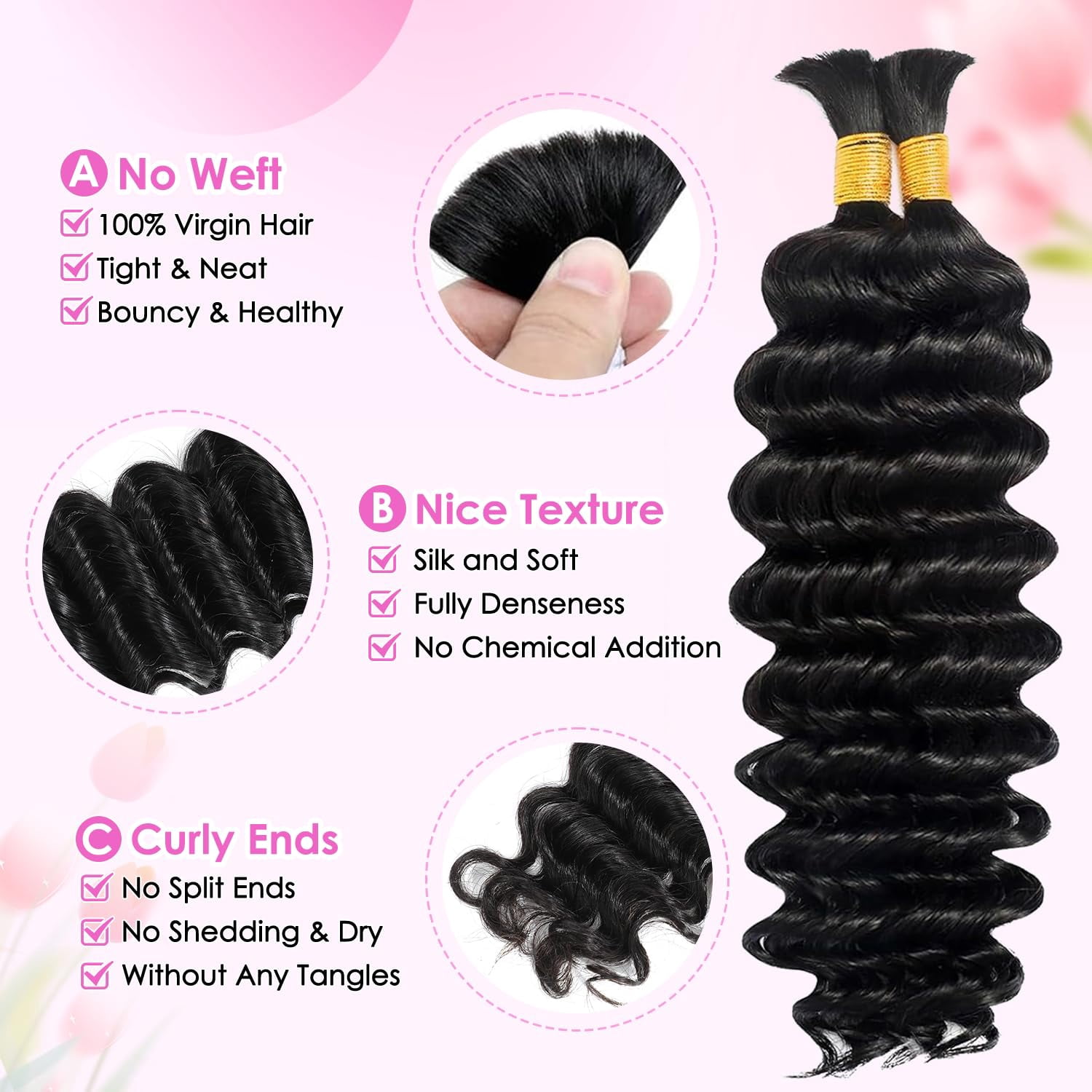 Human Braiding Hair for Boho Braids 20 Inch 110g 2 Bundles/Pack Deep Wave Boho Hair for Braiding 12A Curly 100% Unprocessed Brazilian Virgin Hair Extensions No Weft Knotless Bulk Braids