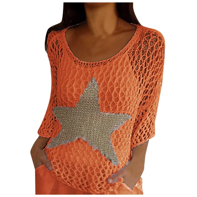 TSADFHJI Hauts d'Hiver pour Femmes TTTG Mode Été Manches Trois-Quarts Pull Col Rond Étoile Décorer Pull Haut L Orange