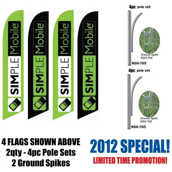 FOUR MIXED Custom Simple Mobile SimpleMobile Wireless 16ft Feather Banner Flag Set - INCLUDES 15FT POLE KITS w/HARDWARE