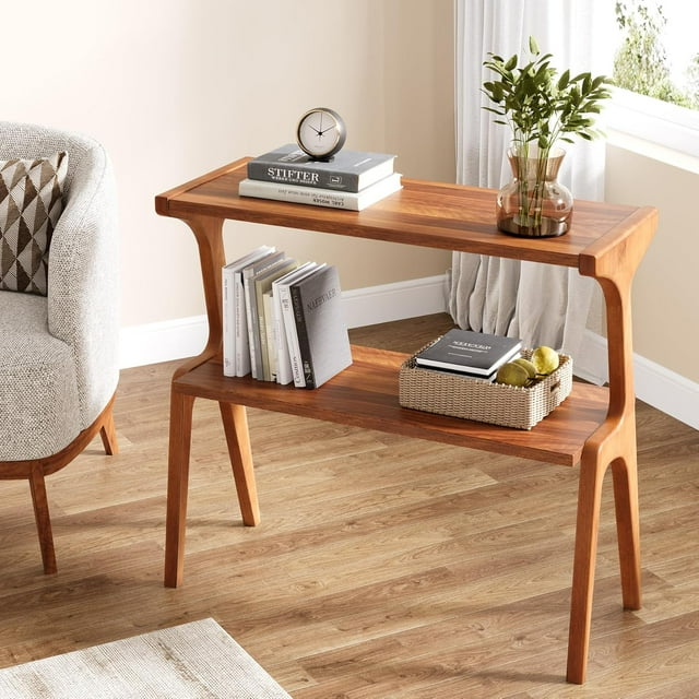 Narrow End Table for Living Room, Farmhouse Slim Sofa Side Table with Storage Shelves, Cherry