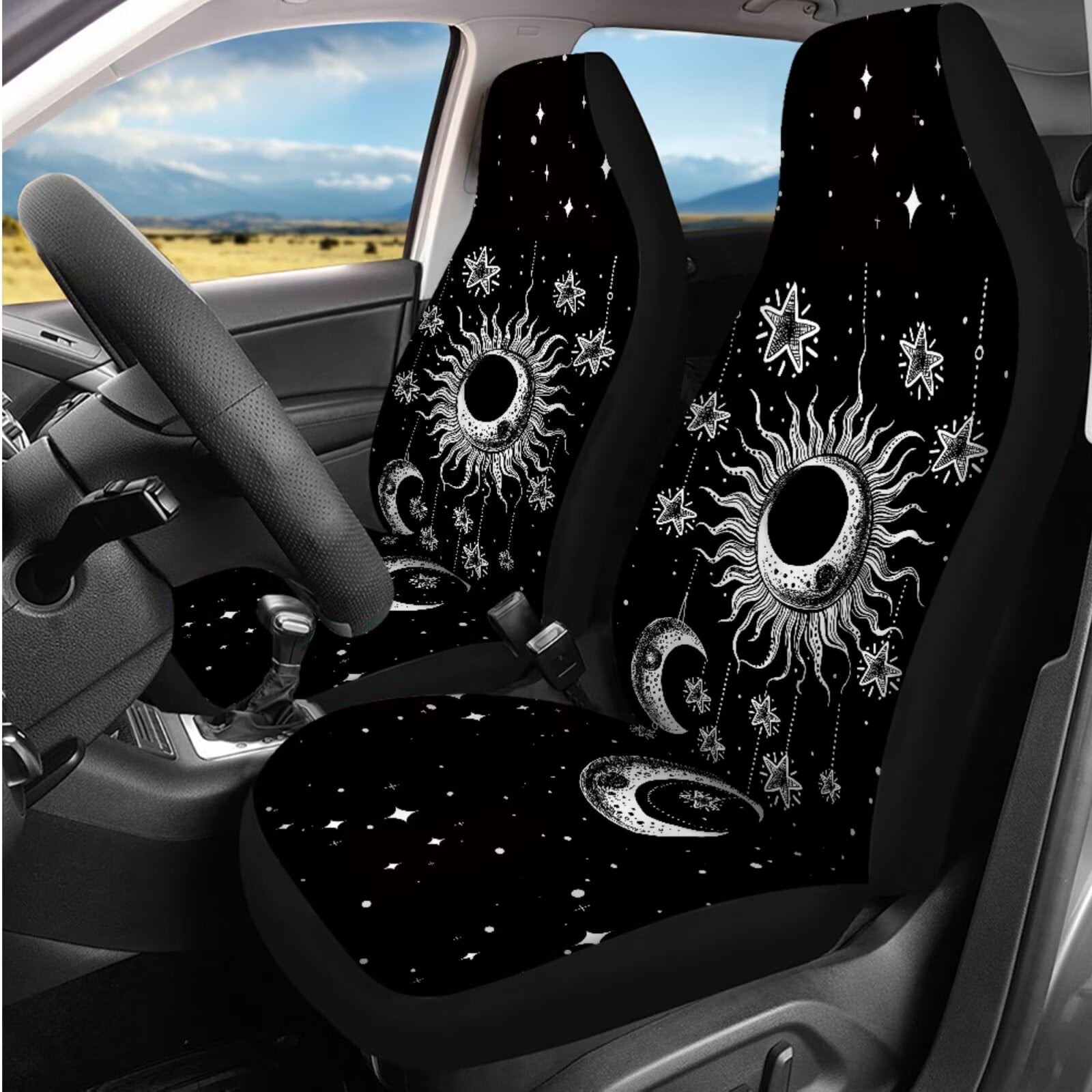 Garronmavis Gothic Sun 14 Pcs Car Seat Covers Set with Headrest Protector Car Steering Wheel Accessories Auto Armrest Cover Seat Belt Covers Full Coverage Universal Fit for Cars SUV