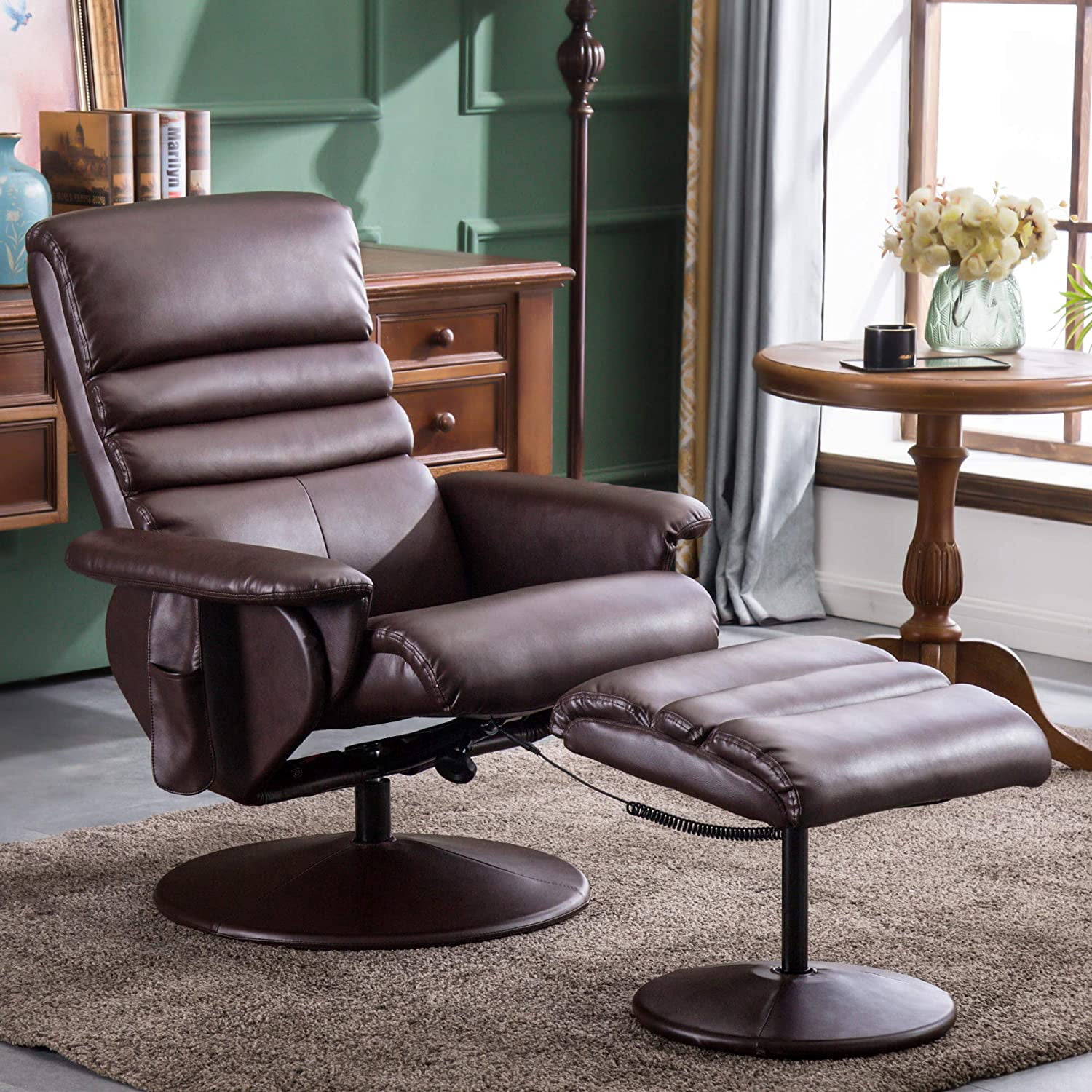 MCombo 360 Swivel Massage Recliner Chair with Ottoman for Living Room, Faux Leather, Dark Brown