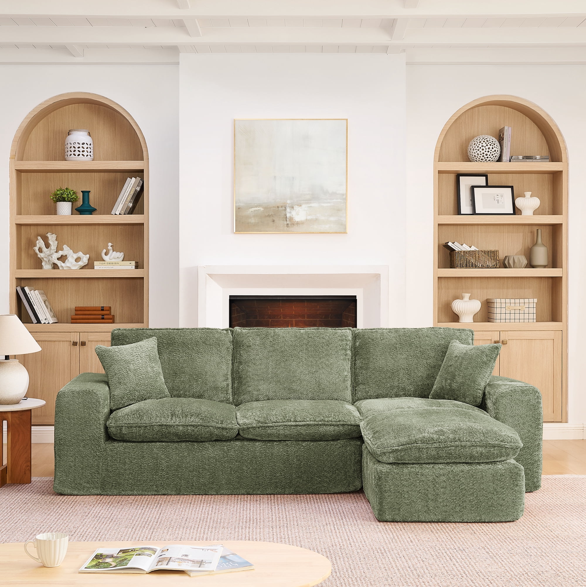 Mintazer 107" Modern L-Shaped Boucle Sectional Sofa with Reversible Ottoman, Cloud Soft Modular Couch with Pillows & Cushion or Living Room, Green
