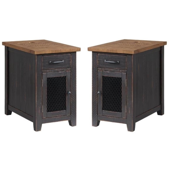 Home Square Rustic Chairside Table in Power Anitque Black and Honey - Set of 2