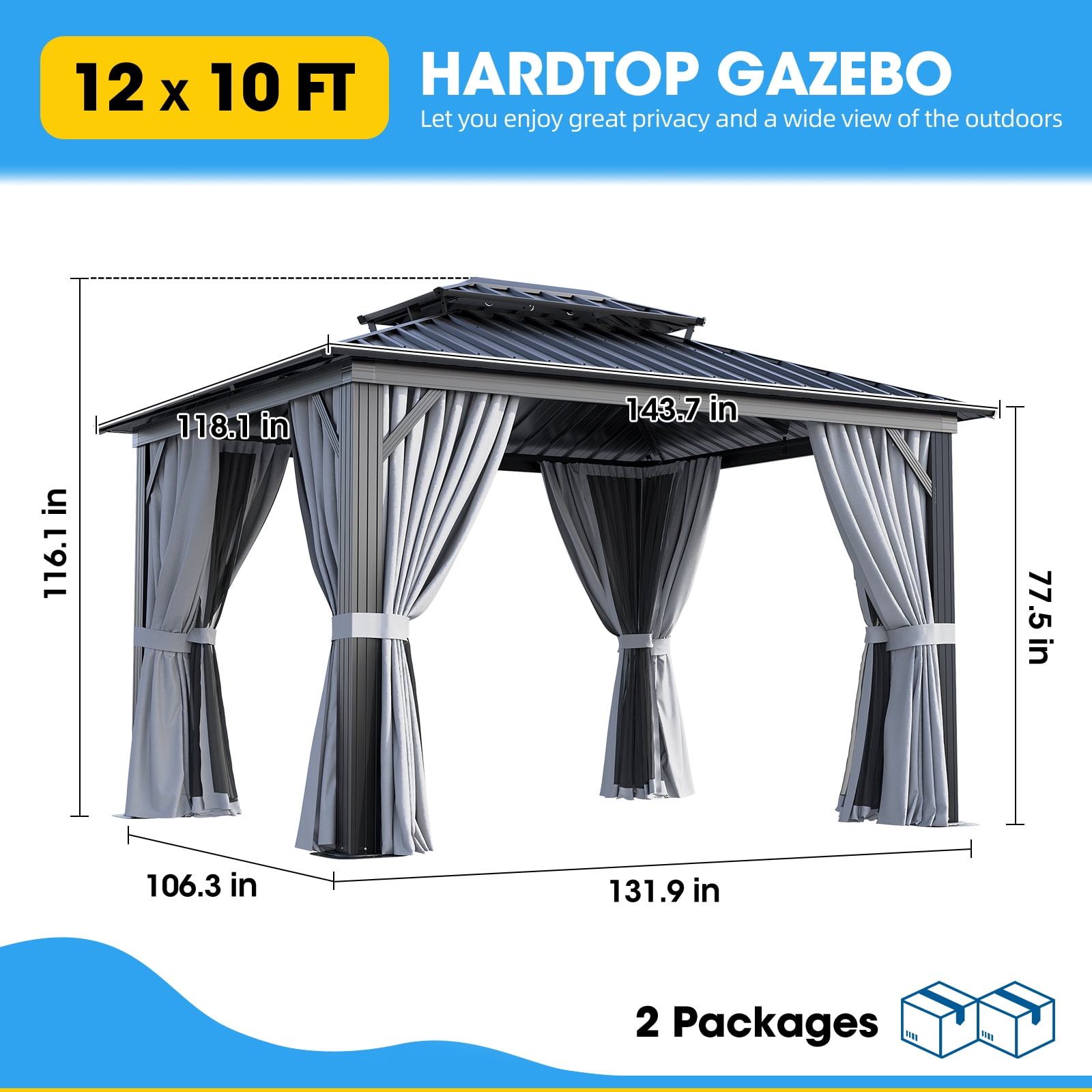 BREEZESTIVAL 10'x12' Hard Top Gazebo Galvanized Steel Double Top , Permanent Aluminum Gazebo, Hardtop Gazebo, Outdoor Metal Gazebo with Privacy Curtains And Nets for Parties, Gardens, Decks, Black
