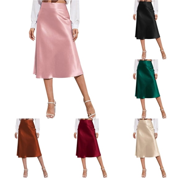 TIANZEN Womens High Waist Midi Skirt Solid Satin Dress Zipper Elegant Summer Skirts Skirt with Shorts underneath