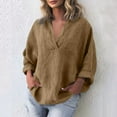 thumbnail image 4 of Womens 100% Cotton Linen Tunic Long Sleeve V Neck Gauze Shirt Casual Work Lounge Blouse Tops Camel 2XL, 4 of 6