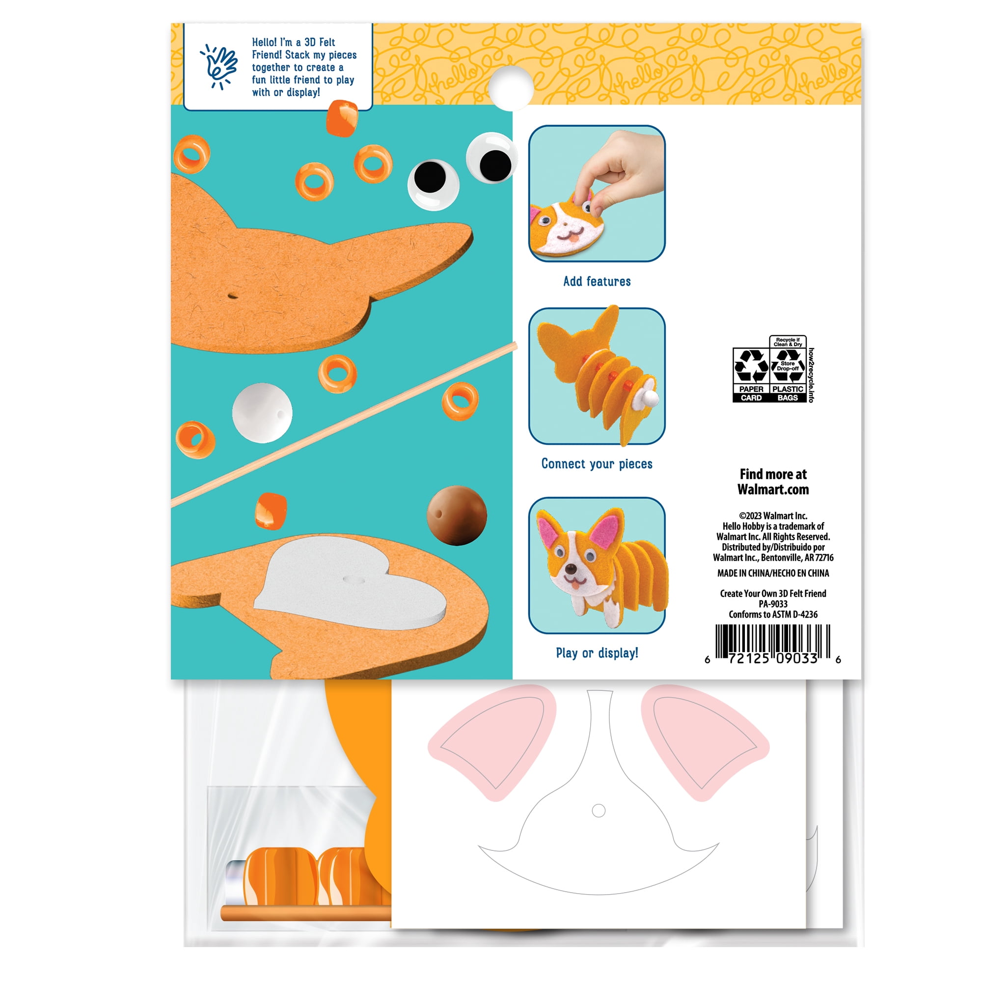 (2 pack) Hello Hobby Felt Friend Create Your Own 3D Corgi Craft Kit for Children