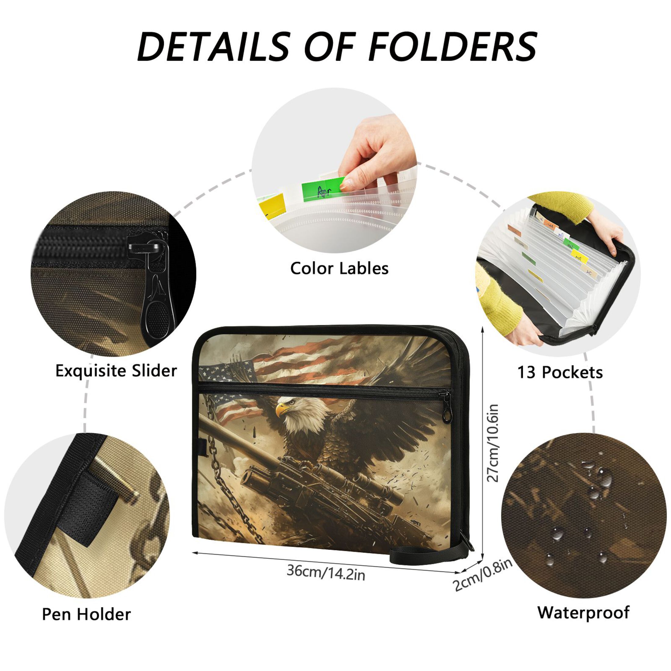 WOBOGO Bald Eagle Cannon Expanding File Folder Letter Size Accordion Filing Organizer 13 Pocket Separate Organ Pocket