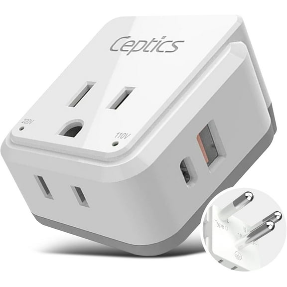 Ceptics Thailand Travel Adapter Set, PAK KIT 20W PD & QC, Type O - 3.1A - 4 in 1-2 USA Inputs, 1 USB Port, 1 USB-C Port - Compact, Powerful - Includes Type O Swadapt Attachments