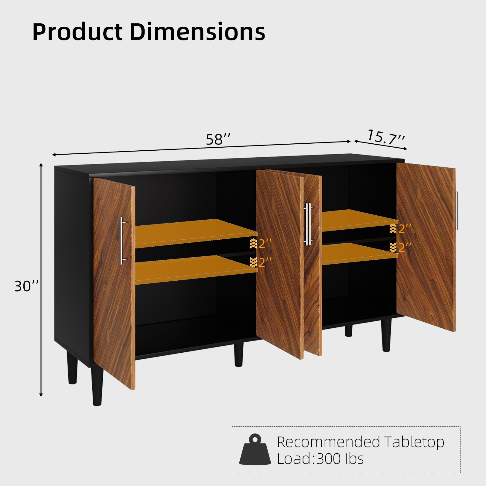 4 EVER WINNER 58" Buffet Cabinet with Storage, Vintage Sideboard with Adjustable Shelves & Metal Handle, Mid Century Modern Coffee Bar for Kitchen, Dining Room, Black