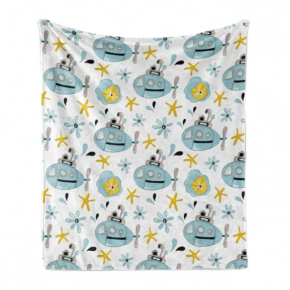 Underwater Soft Flannel Fleece Throw Blanket, Submarine in the Sea with Starfish Corals Oceanic Fiction Doodle, Cozy Plush for Indoor and Outdoor Use, 60" x 80", Cadet Blue Earth Yellow, by Ambesonne
