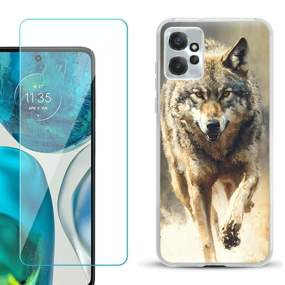 OneToughShield ® for Motorola Moto G Power 5G 2023 Shockproof Fashion Phone Case, with Tempered Glass Screen Protector - Running Wolf