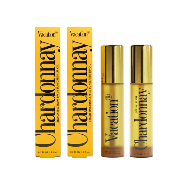 Vacation Chardonnay Lip Oil SPF 30 Protector solar para labios Aceite hidratante para labios Caramelo Brillo de labios con sabor a vainilla Bálsamo labial no pegajoso con SPF 30 Vegano 0.2 fl. Onz. (P