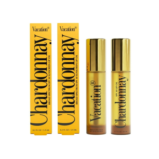 Vacation Chardonnay Lip Oil SPF 30 Protector solar para labios Aceite hidratante para labios Caramelo Brillo de labios con sabor a vainilla Bálsamo labial no pegajoso con SPF 30 Vegano 0.2 fl. Onz. (P