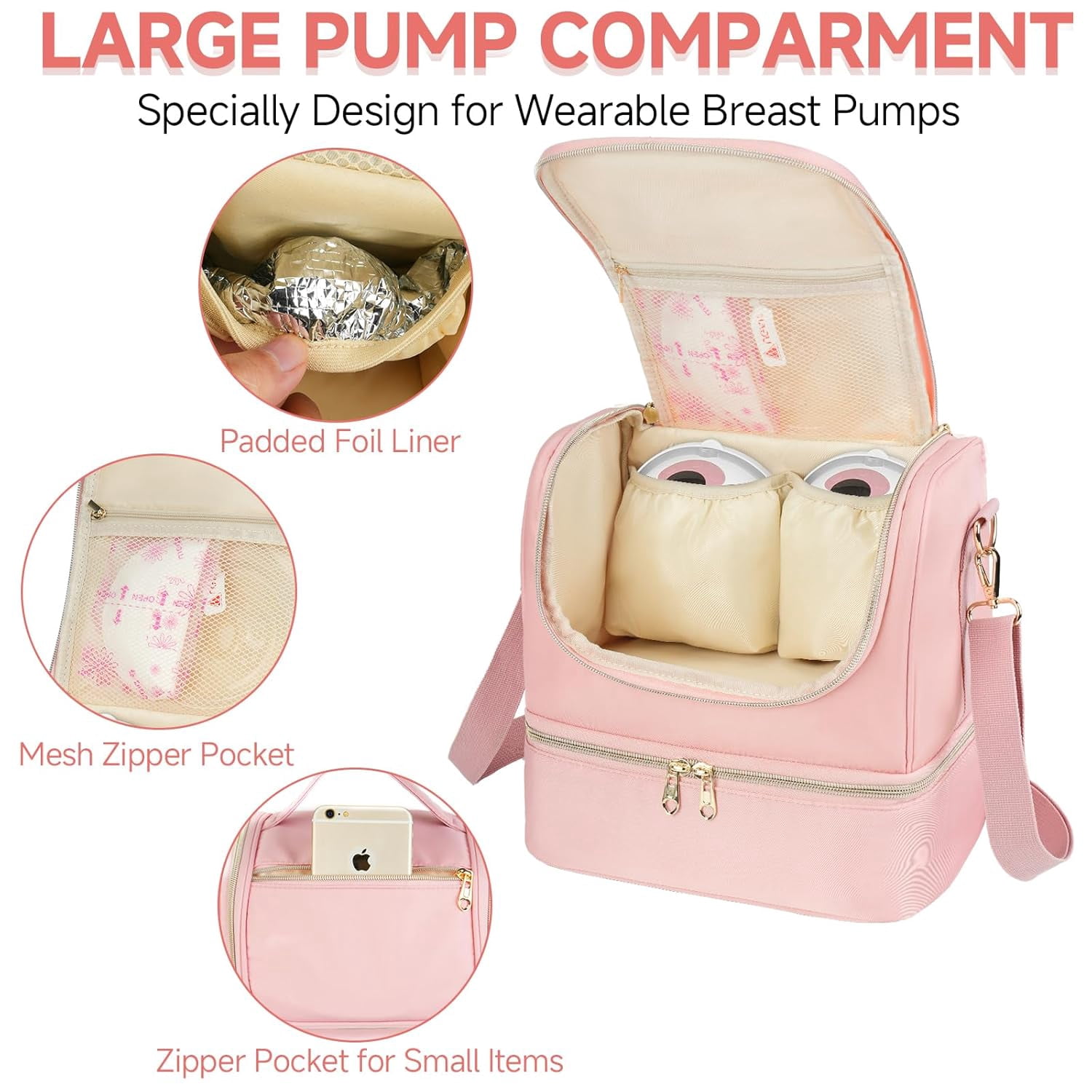 Wearable Breast Pump Bag with Cooler Compartment Fits for Willow/Elvie/Momcozy M5/S12 Pro/Medela, Breast Milk Travel Tote Bag with Ice Pack & Waterproof Mat,Pink