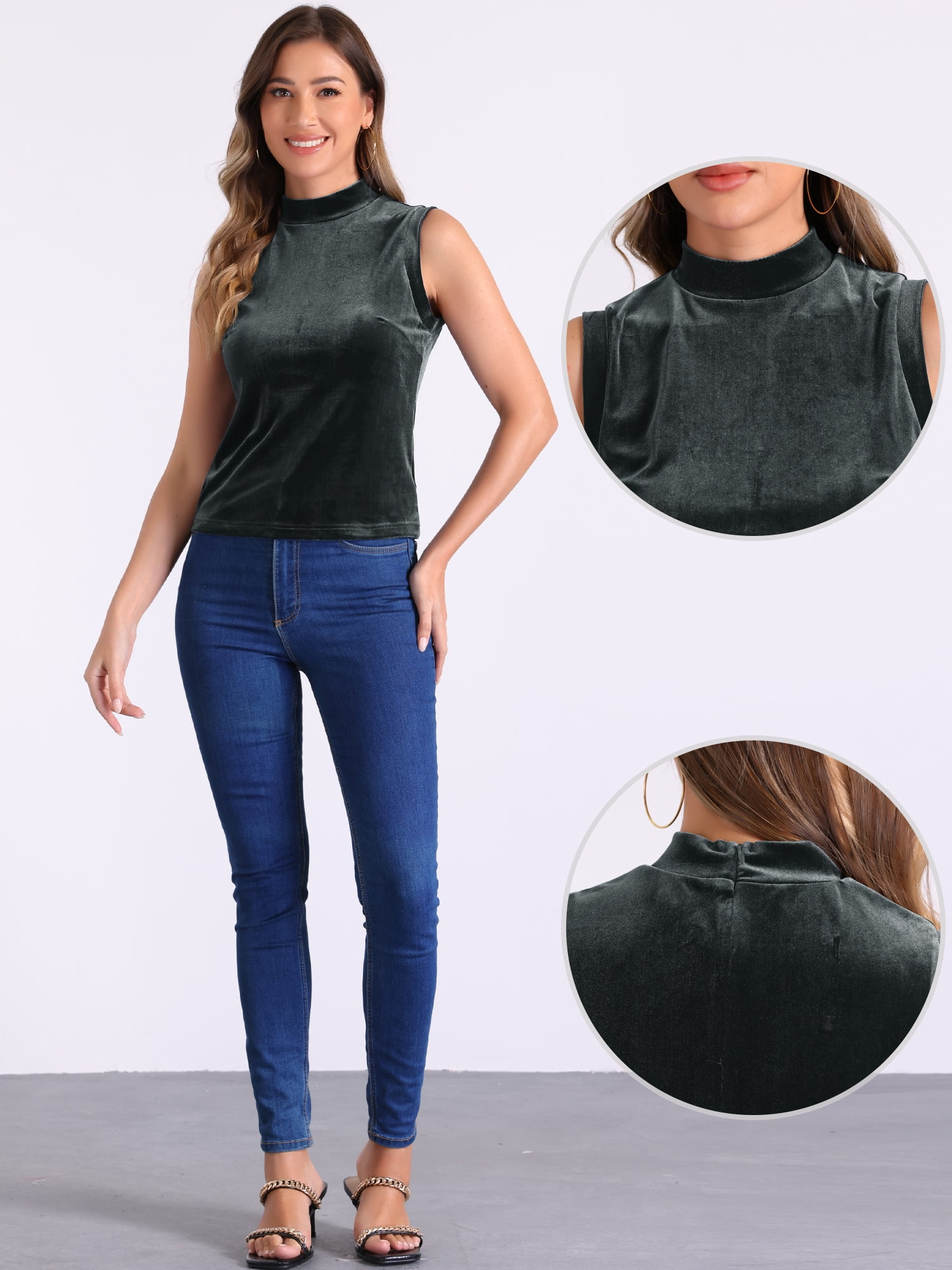 DARING DIVA Women Velvet Sleeveless Mock Neck Tank Tops Shirts S Gray Black