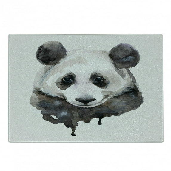 Animal Cutting Board, Watercolor Panda Bear Wildlife Zoo Theme Art Image, Decorative Tempered Glass Cutting and Serving Board, Small Size, Beige White and Black, by Ambesonne