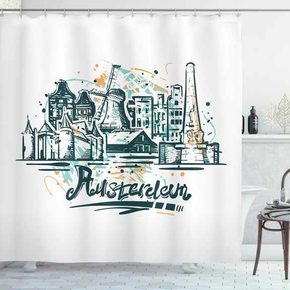 Amsterdam Shower Curtain, Funky Calligraphy with a City Silhouette in Paintbrush Strokes, Fabric Bathroom Set with Hooks, 69W X 84L Inches Extra Long, Dark Teal Seafoam and White, by Ambesonne