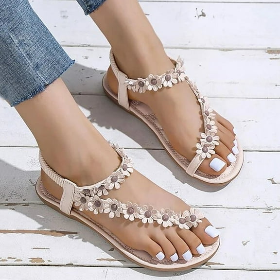 ZHELIYO Women's sandals Flower Decor Thong Sandals For Women Flat Floral Roma Flip Flops Boho Sandals Casual Shoes Beige 6.5