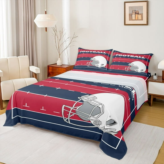 Feelyou Rugby Sport Player Twin Sheet Sets for Teens, Red Navy Cartoon Twin Fitted Sheet, Football Soccer Theme Flat Sheet, Luxury Bedroom Decor, 3-Piece