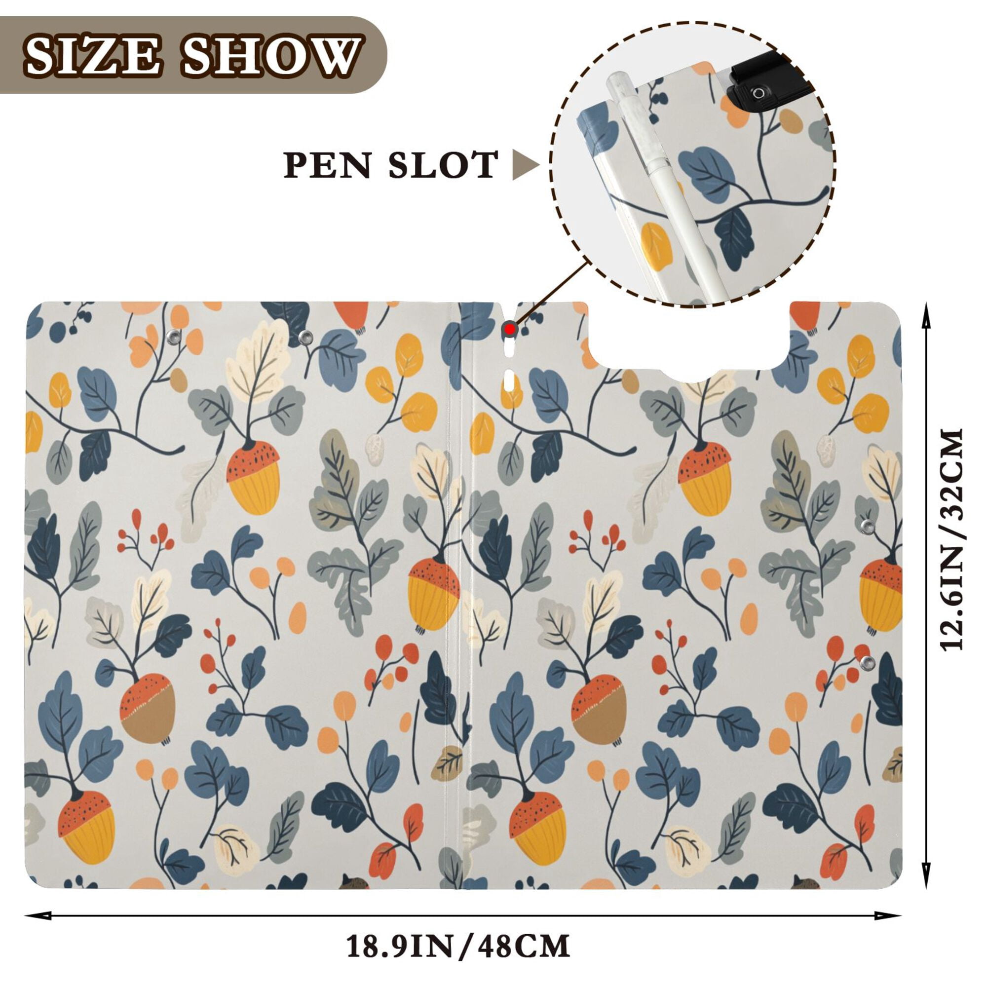 FORMRS A4 Clipboard Folder with Pen Holder Horizontal Foldable School Office Binder, Acorn Leaves Pattern