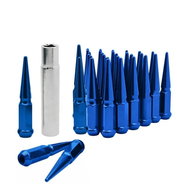 9/1618 Wheel Spike Lug Nuts, 32x Blue 9/16" x18 Lug Nut with 1 Socket Key, 4.4'' Tall Closed