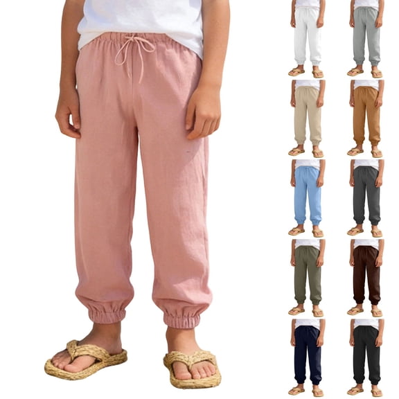 JAJAHO Girls Jogger Pants Breathable Linen Casual Drawstring Loose Fit Ankle-Tied Pants Summer Beach Vacation Clothes 7-16Y Versatile Trousers