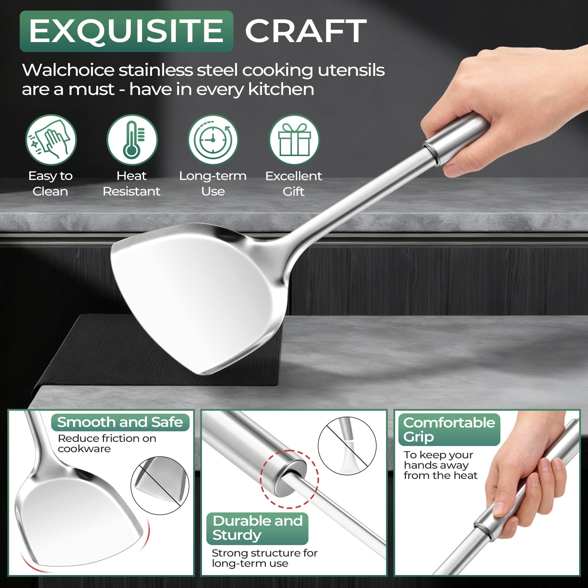 Walchoice Kitchen Utensils Set, 7 PCS Stainless Steel Cooking Tools, Metal Kitchen Tools Set, Heat Resistant & Dishwasher Safe
