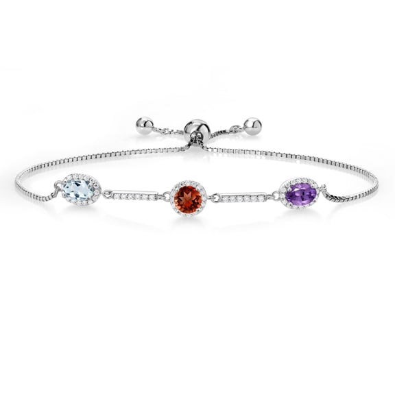 Gem Stone King Keren Hanan 925 Sterling Silver 3 Stone Created Moissanite Adjustable Bracelet for Women with Oval and Round Sky Blue Aquamarine Red Garnet Purple Amethyst (2.28 Cttw)