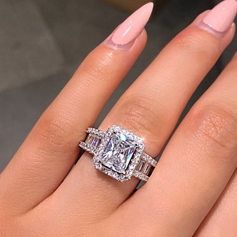 HOT Women Luxury Silver Plated Big Round Zircon Wedding Engagement Ring Jewelry 