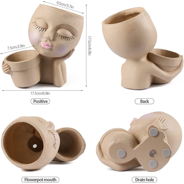 ZeenArt Face Resin Planter, Double Flower Pot in Brown photo 2