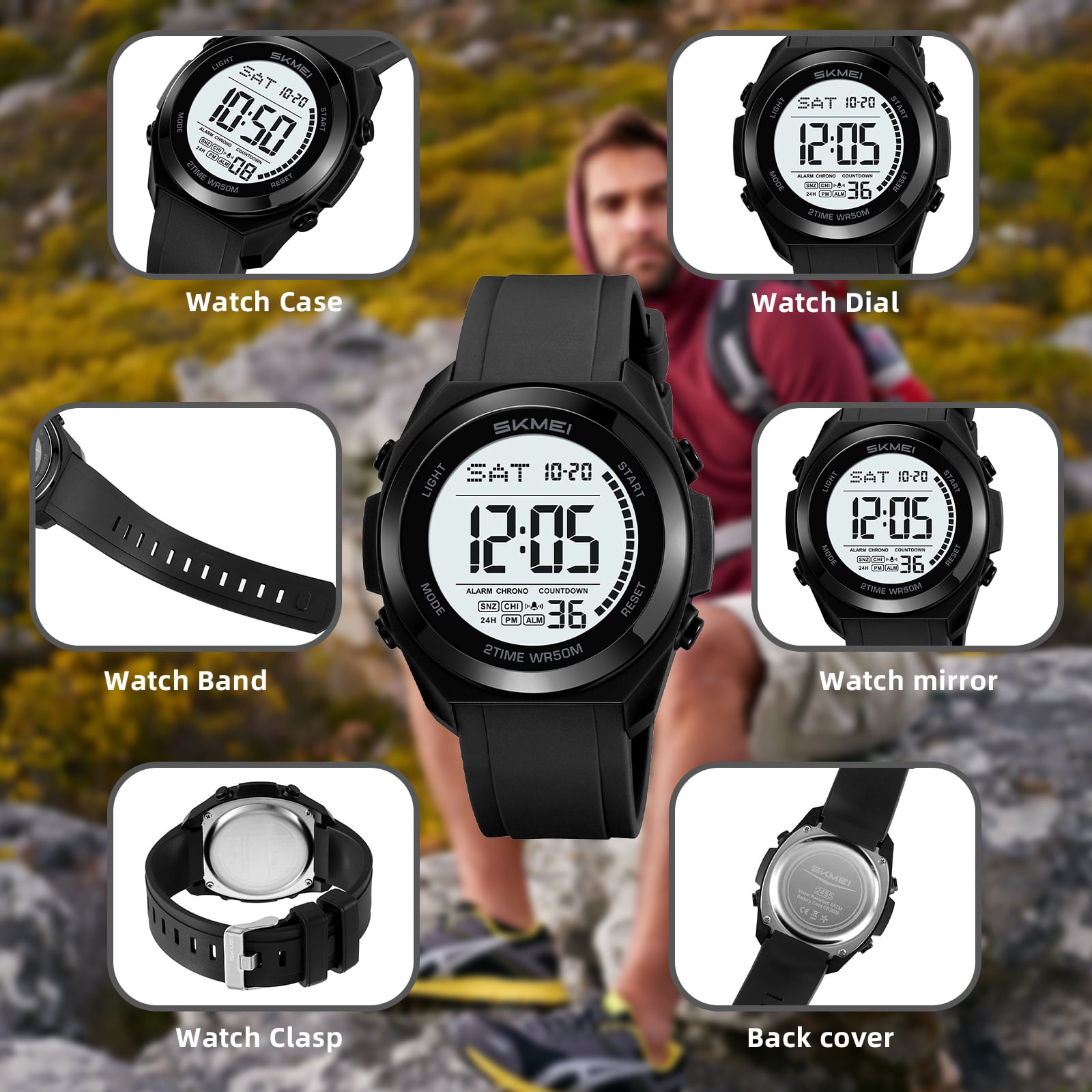 SKMEI Mens Digital Watch, Sport Military Watches for Men Waterproof LED Screen Large Face Tactical Watch with Dual Time Alarm Stopwatch Wrist Watch