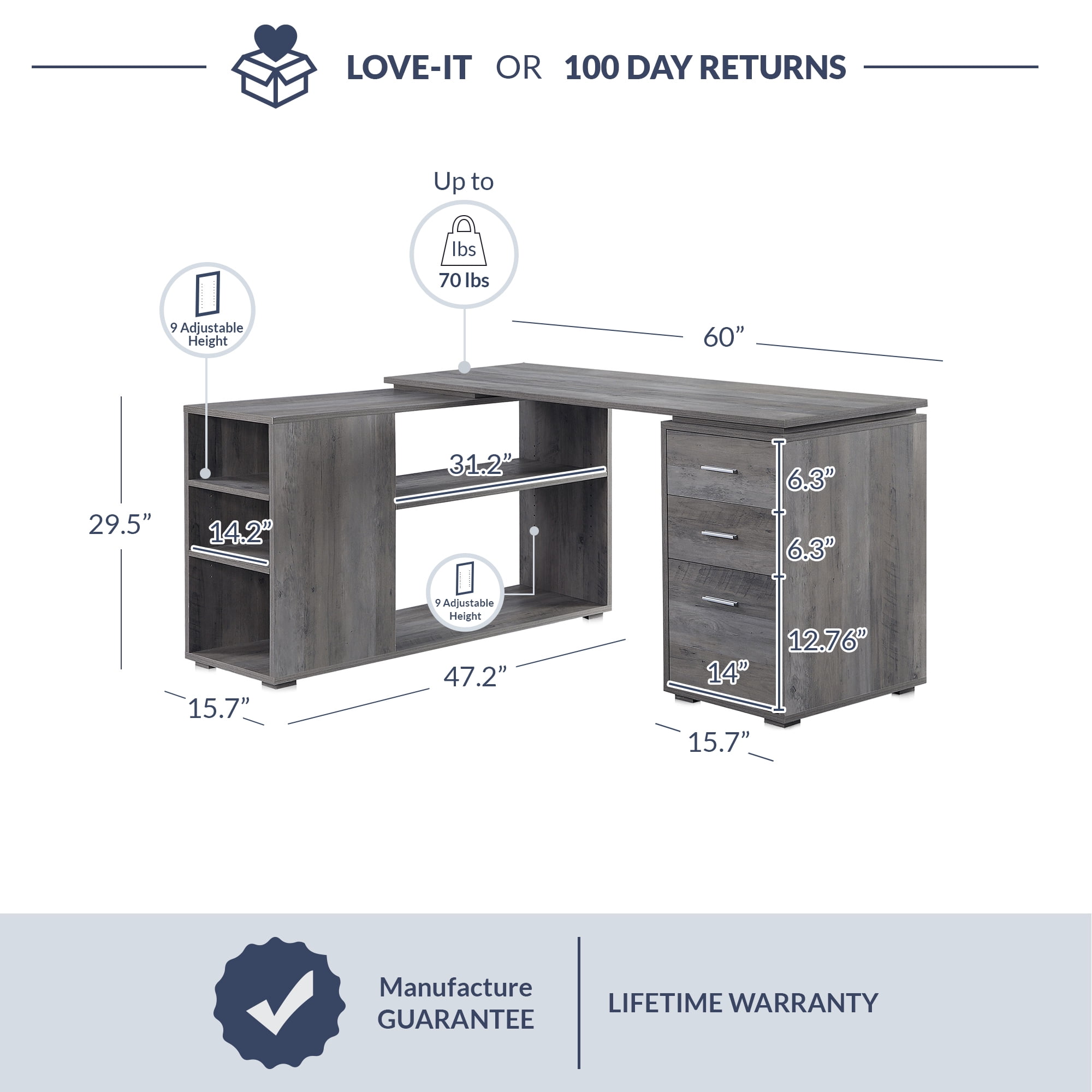 BELLEZE Trition L Shaped Computer Desk Home Office Corner Desk With Open Shelves And Drawers, Gray Wash