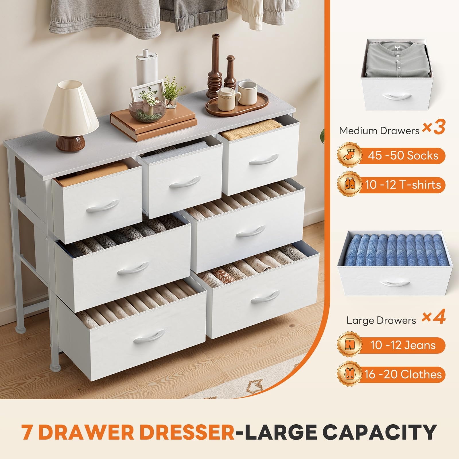 Telyra 7-Drawer Fabric Dresser TV Stand Organizer with Wood Top and Metal Frame Wide Storage Chest, White