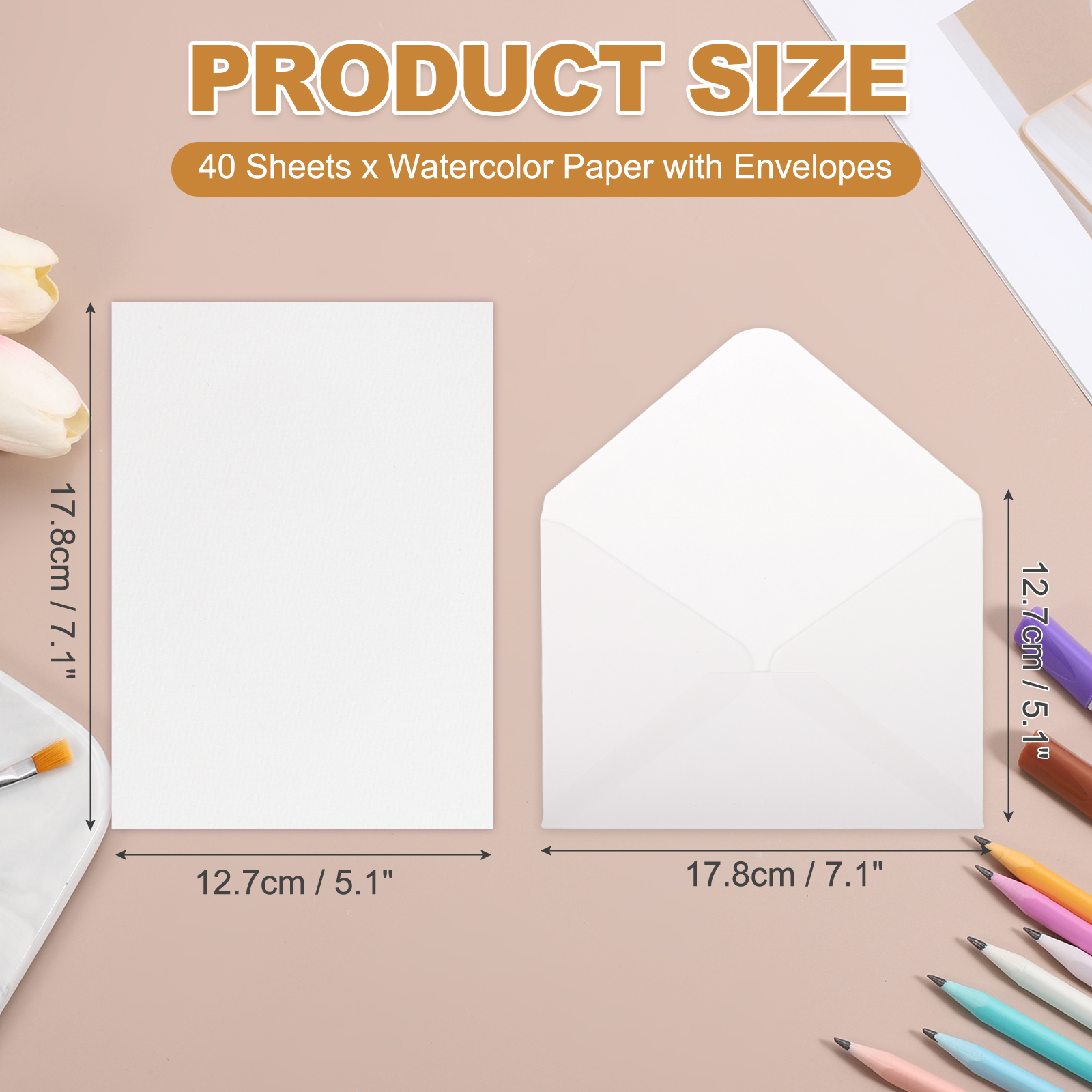 Uxcell 40 Set Watercolor Paper with Envelopes 7 x 5 Inch 140lb/300gsm Artist Painting Drawing Paper Cold Press Water Color Sheet with Red Box for Sketchbook Journal (Straight Corner)
