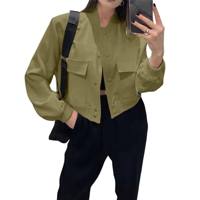 Chaqueta Universitaria Corta para Mujer, Larga, Abotonada, Informal, con Bolsillos. Verde Oliva S
