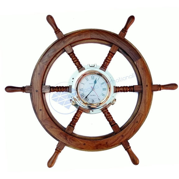 Nagina International 30" Premium Wood Ship Wheel | Brass Porthole Clock