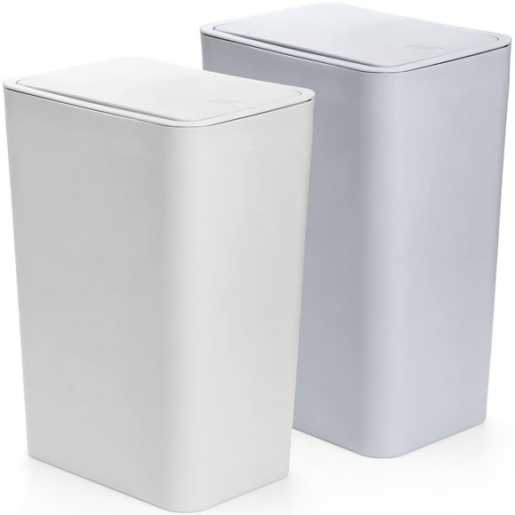 Fasmov Trash Can, 2 Pack 15 Liter / 4 Gallon Plastic Garbage Container Bin with Press Top Lid, Waste Basket for Kitchen, Bathroom, Living Room, Office, Narrow Place (White + Blue)