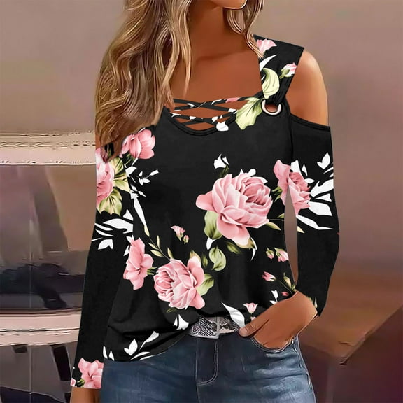 WXLWZYWL Womens Cold Shoulder Tops and Blouses Long Sleeve Shirts Criss Cross Scoop Neck Tops Fall Clohtes 2024 Trendy