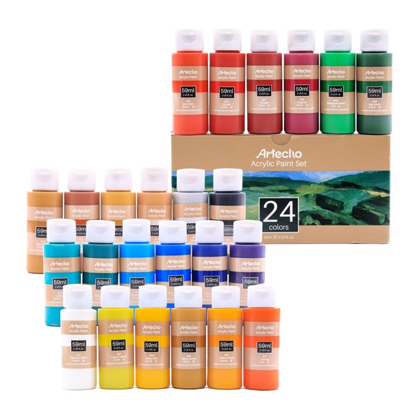 Artecho Acrylic Paint Set of 24 Color Paints, 2Ounce/59ml Vibrant