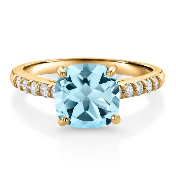 Gem Stone King 3.00 Ct Cushion Sky Blue Topaz G/H Lab Grown Diamond 10K Yellow Gold Engagement Ring (Size 5)