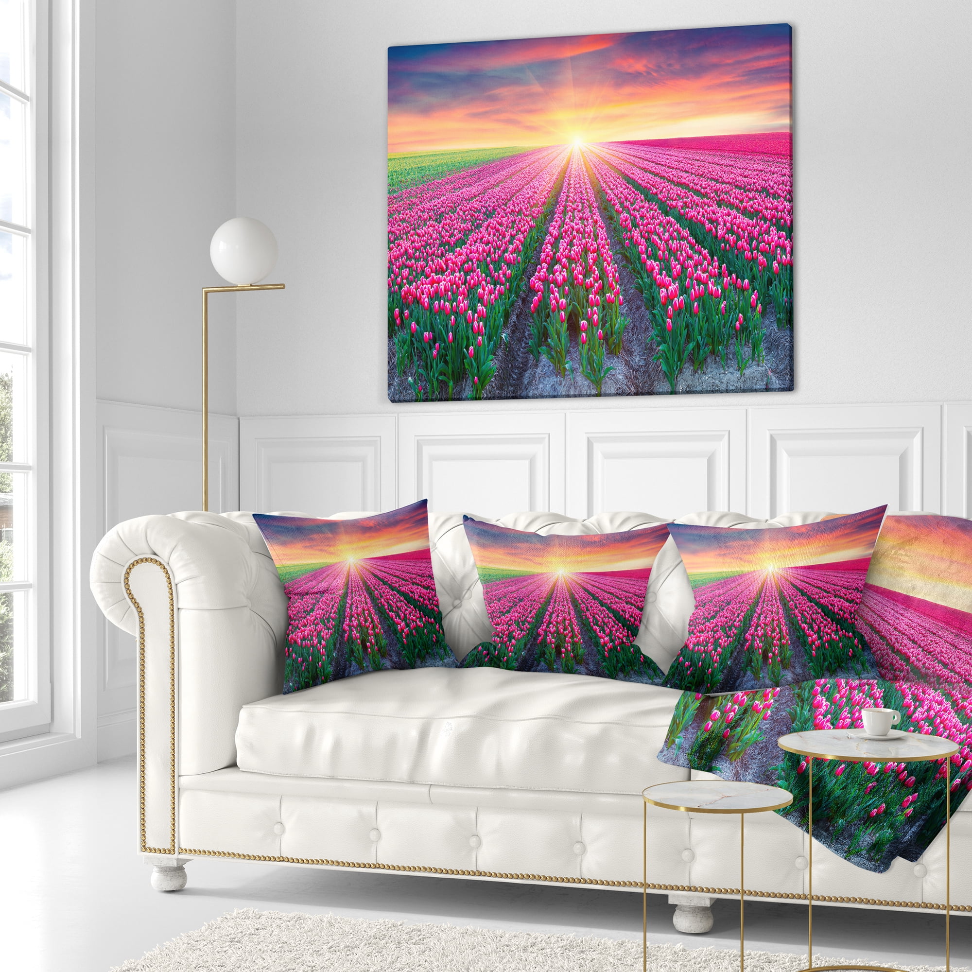 Designart Blooming Tulips at Sunrise - Photography Throw Pillow - 16x16