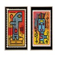 thumbnail image 2 of Designart "Retro Stamp Tribute to Keith Vintage Homage IV" Transitional Framed Wall Art Set Of 2 - Abstract Red Framed Canvas Set For Living Room Decor, 2 of 6