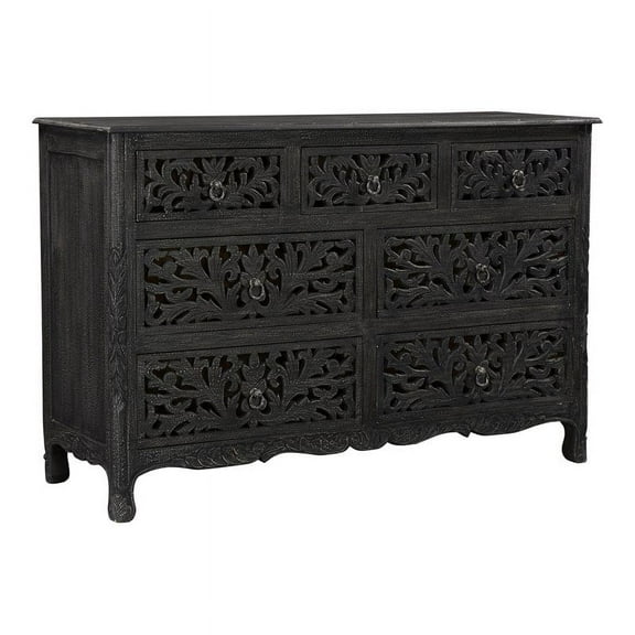 Taran Designs Monte Floral Carved 7-Drawer Wood Dresser in Speckled Black